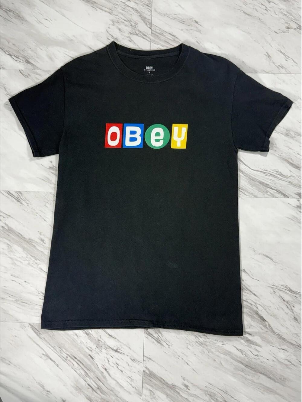 Obey Black Graphic T-Shirt Color Block Logo – Size S #8